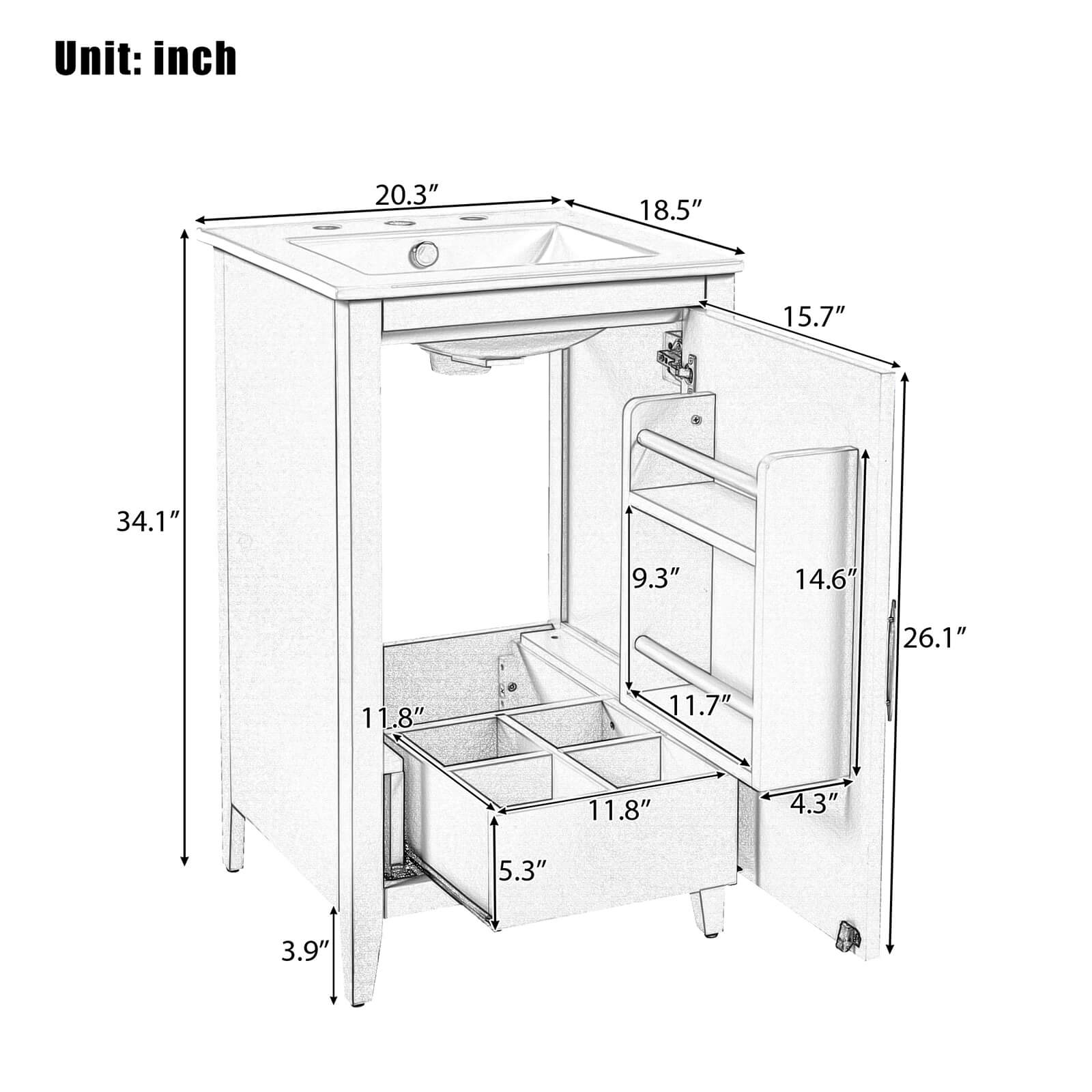 Overall dimensions of a 20 inch white minimalist bathroom vanity with storage space