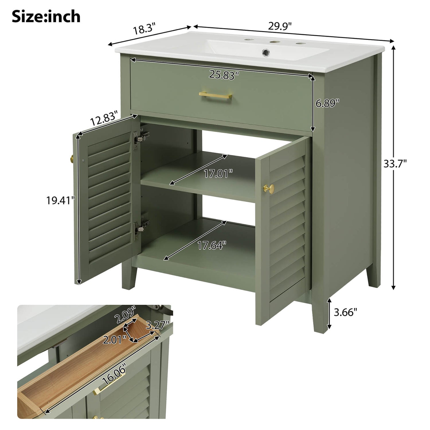 Overall dimensions of a 30 bathroom vanity with 2 louvered doors