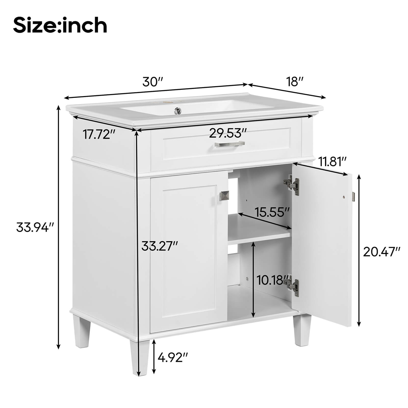 Overall dimensions of a 30 inch white bathroom vanity with undermount ceramic sink