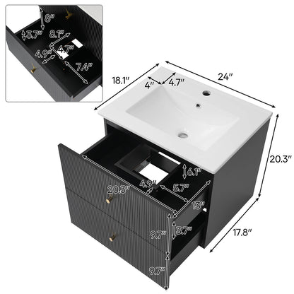 Overall dimensions of the 24 black wall mounted vanity with single hole ceramic sink