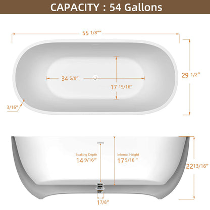 Overall dimensions of the 55 inch matte white oval bathtub