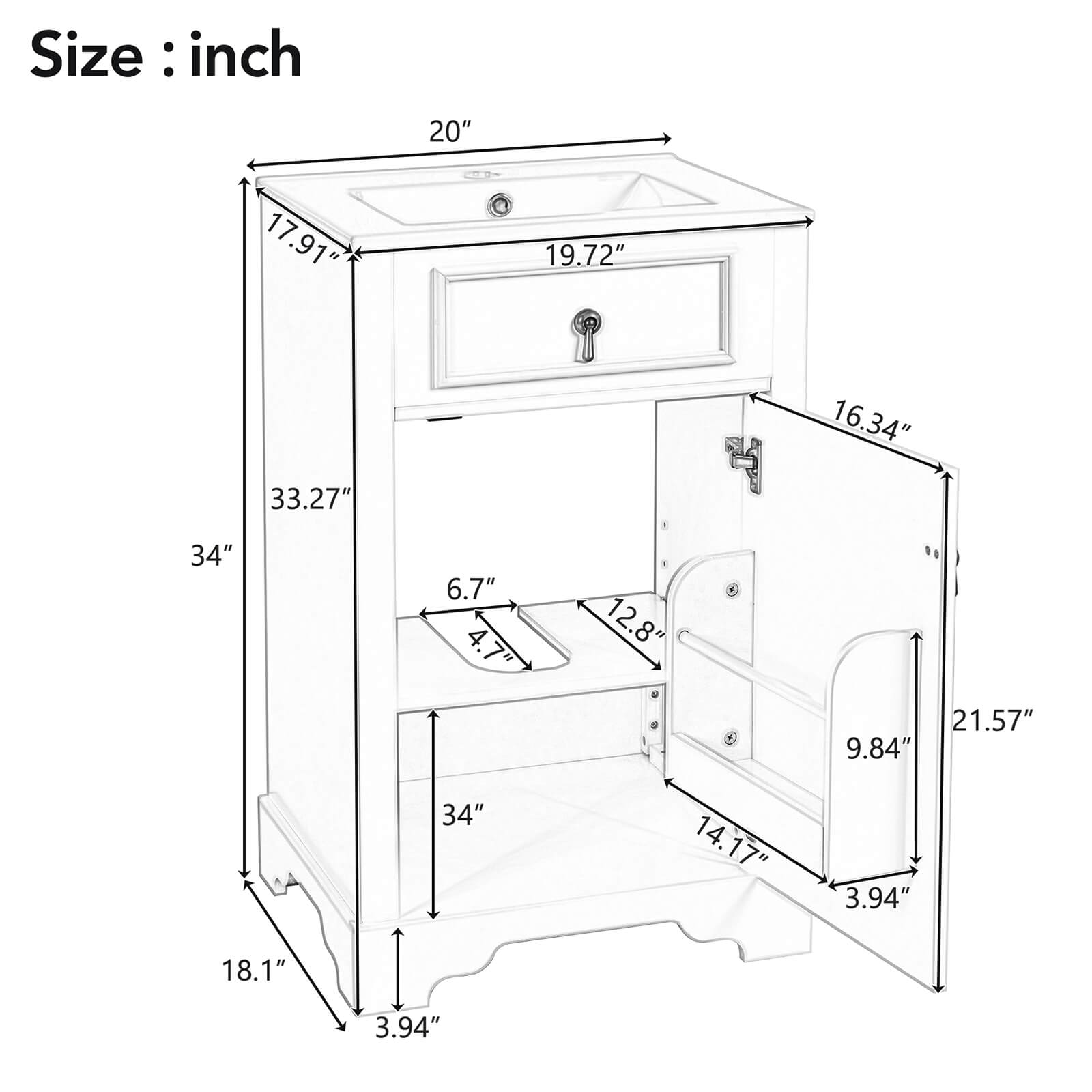 Overall dimensions specifications for a 20 inch black mid century modern freestanding dresser