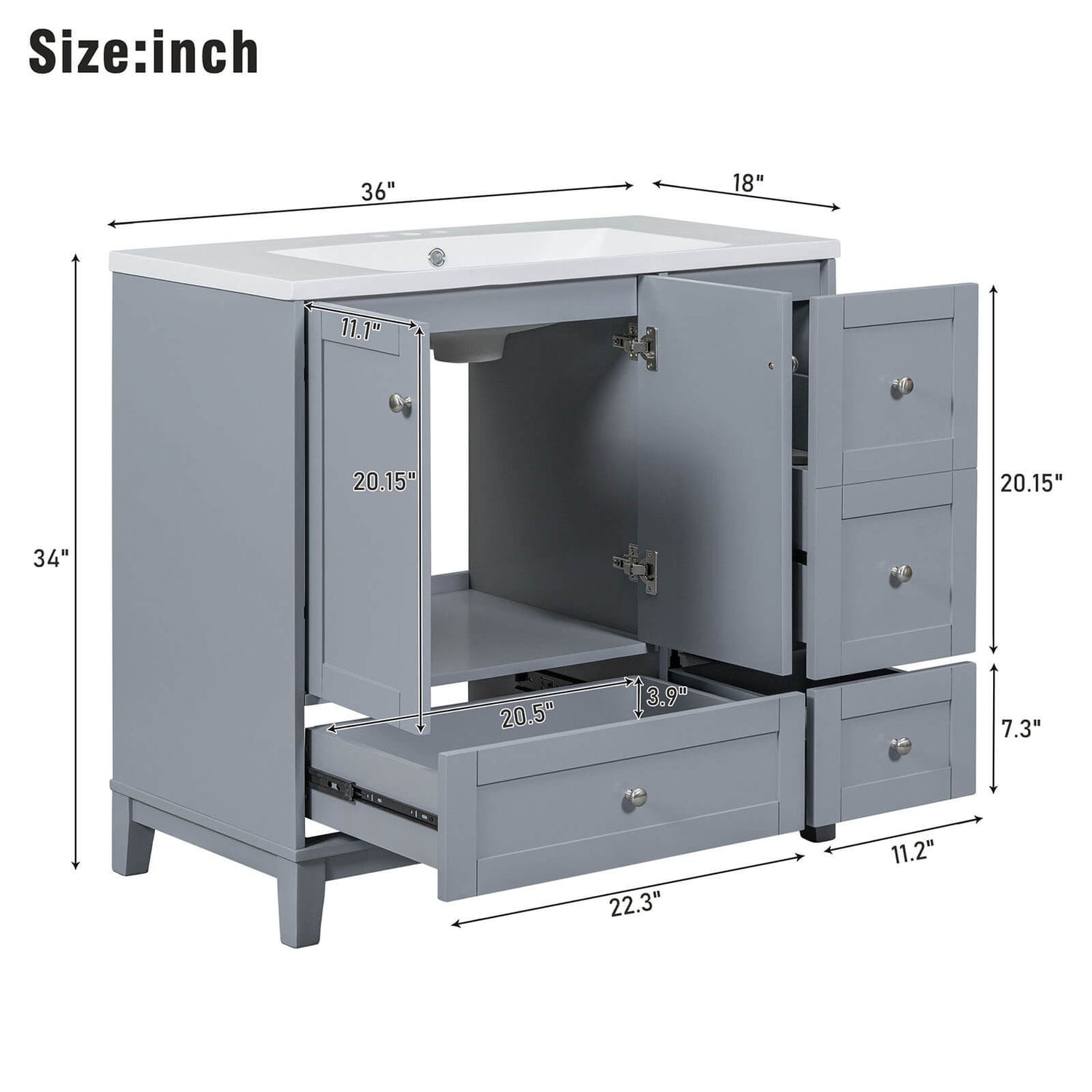 Overall Dimensions Specifications for 36 inch Grey Bathroom Vanity with Integrated USB Charging