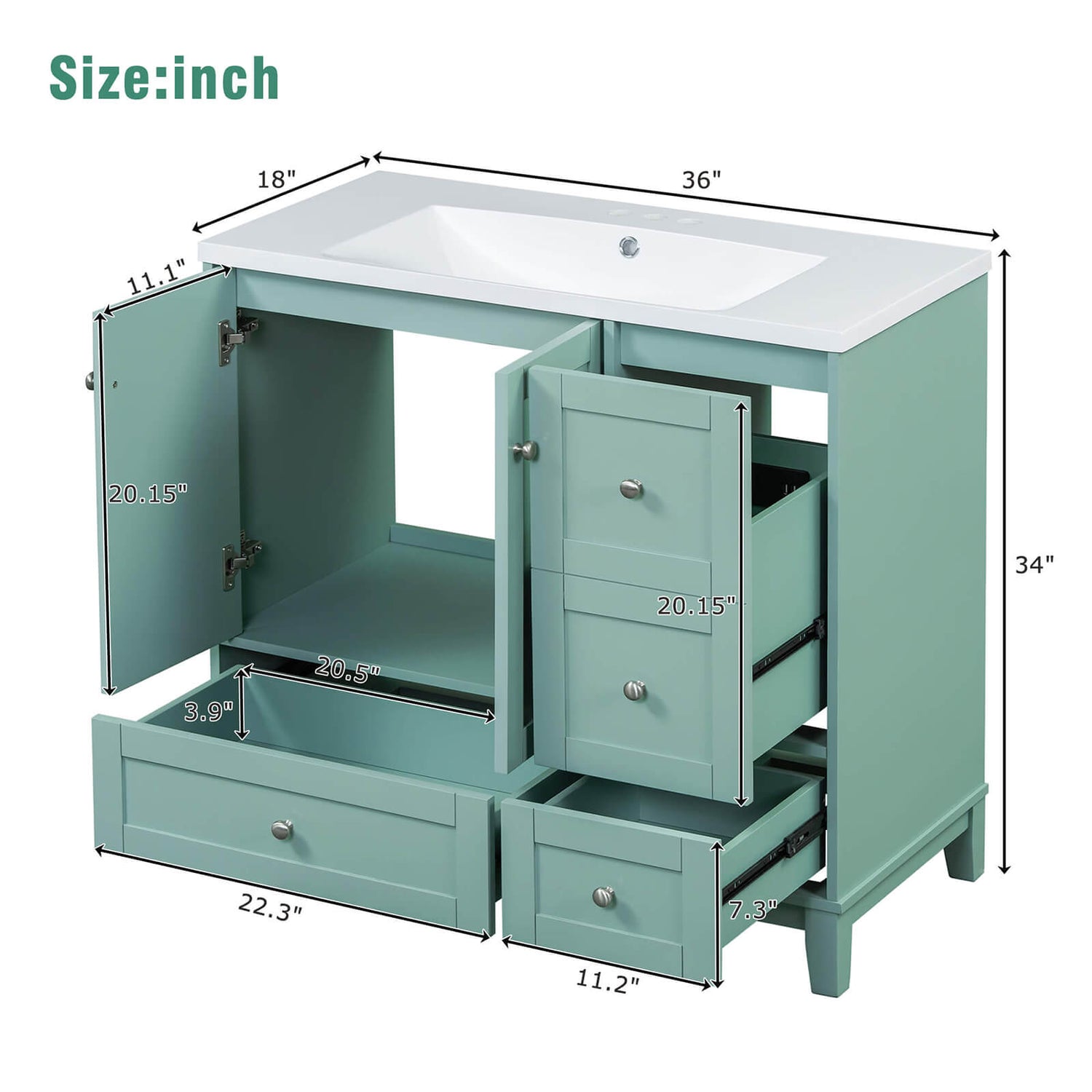 Overall Dimensions Specifications for a 36 inch Mint Green Bathroom Vanity with Integrated USB Charging