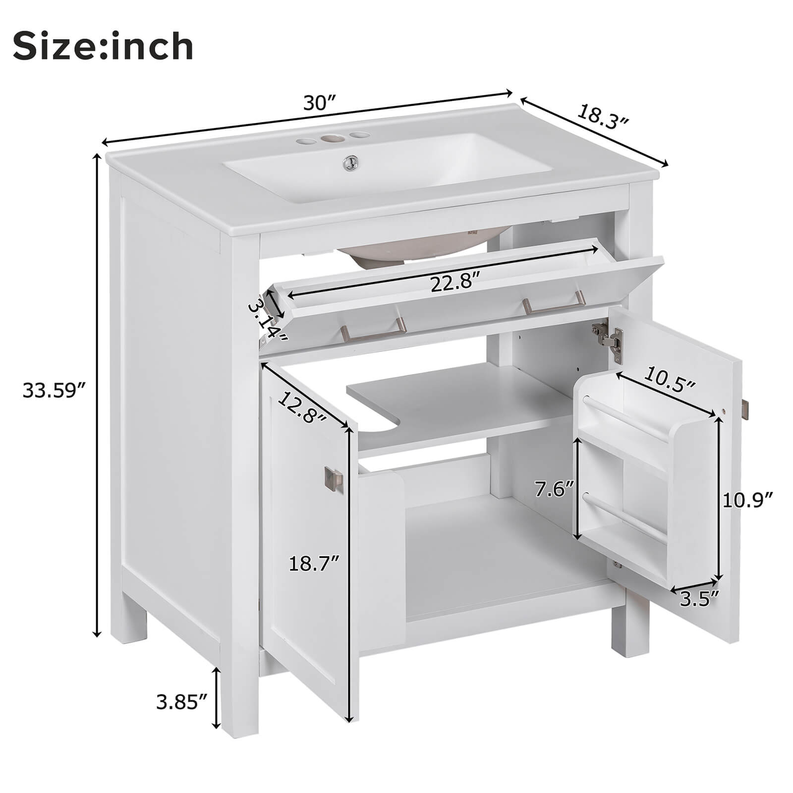 Overall dimensions of 30 inch white bathroom vanity with undermount single sink