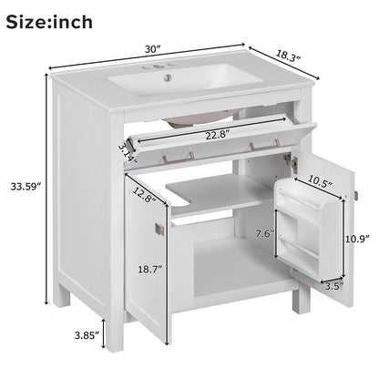 Overall dimensions of 30 inch white bathroom vanity with undermount single sink