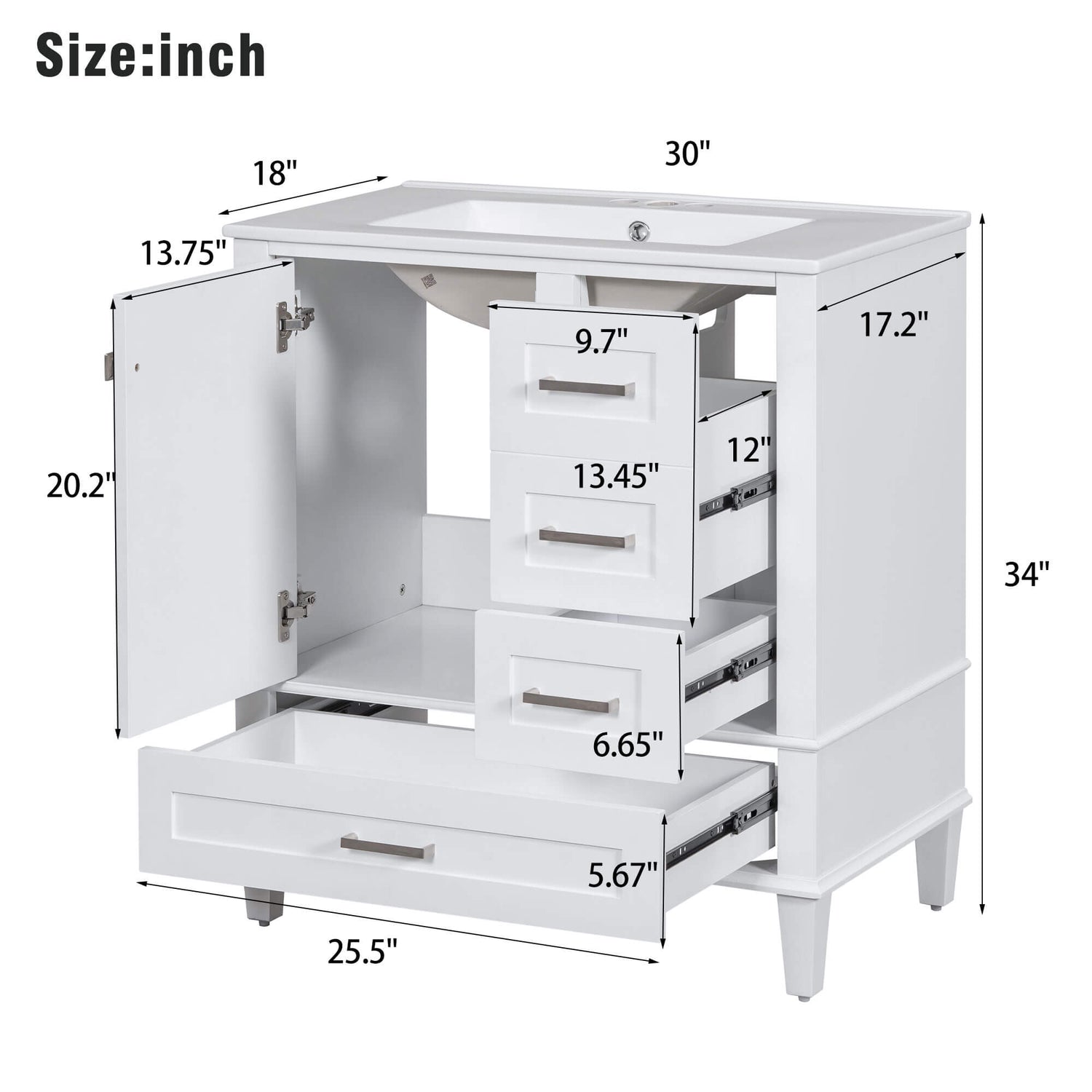 Overall dimensions of 30 inch white solid wood bathroom vanity with countertop