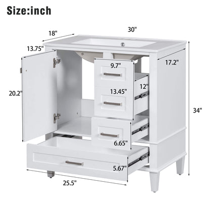 Overall dimensions of 30 inch white solid wood bathroom vanity with countertop