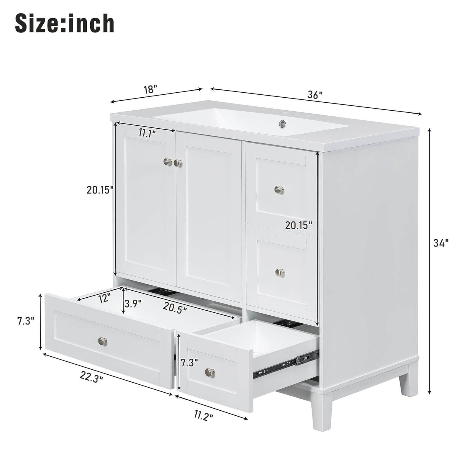 Overall dimensions of 36 inch white bathroom vanity with integrated USB charging