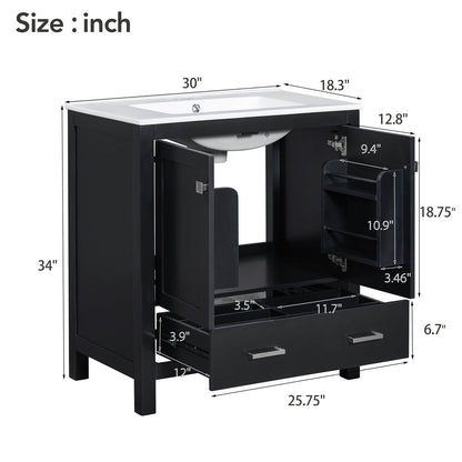 Overall dimensions of a 30-inch black bathroom vanity with built-in shelves