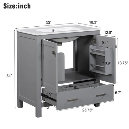 Overall dimensions of a 30 inch grey bathroom vanity with built-in shelves