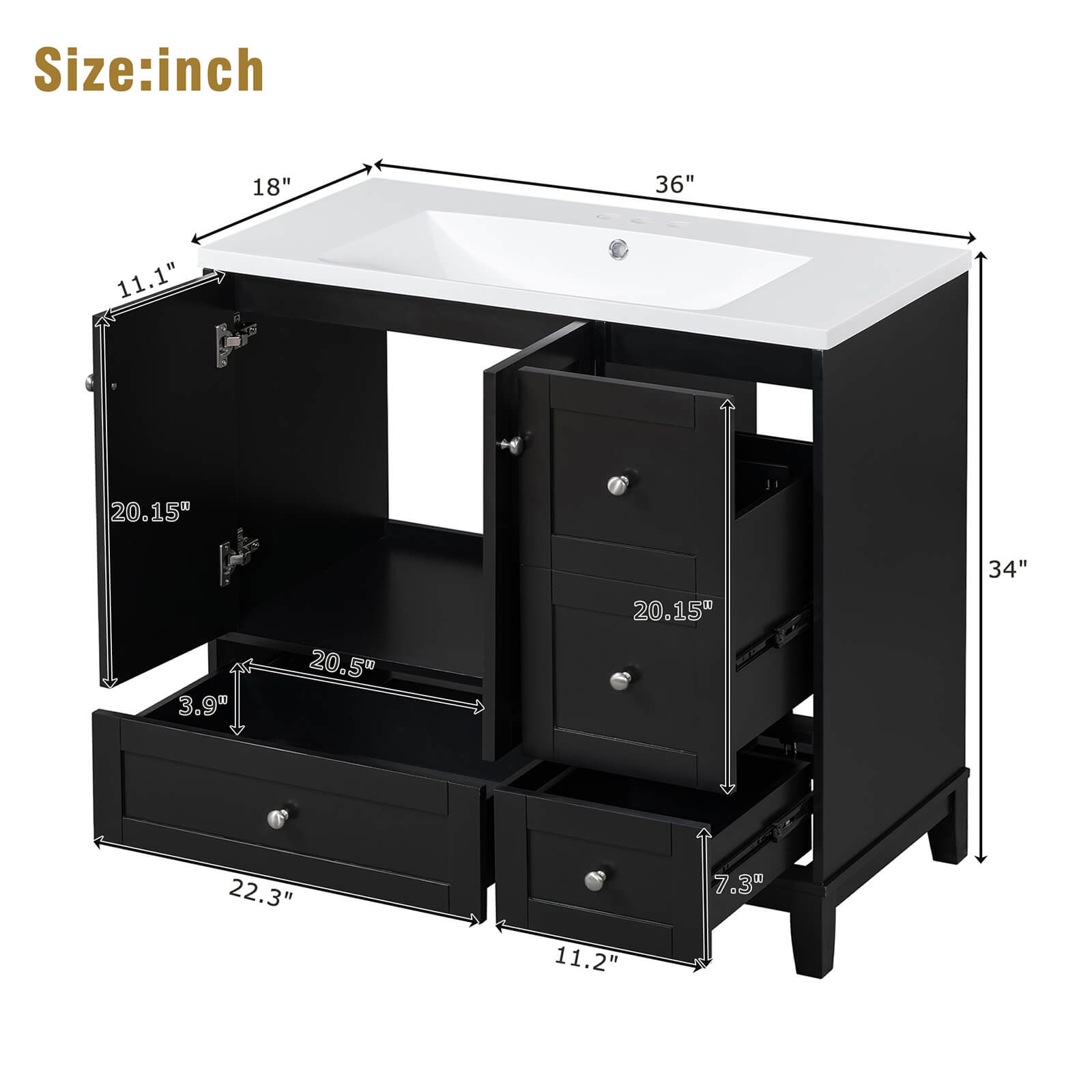 Overall dimensions of a 36 inch black bathroom vanity with integrated USB charging