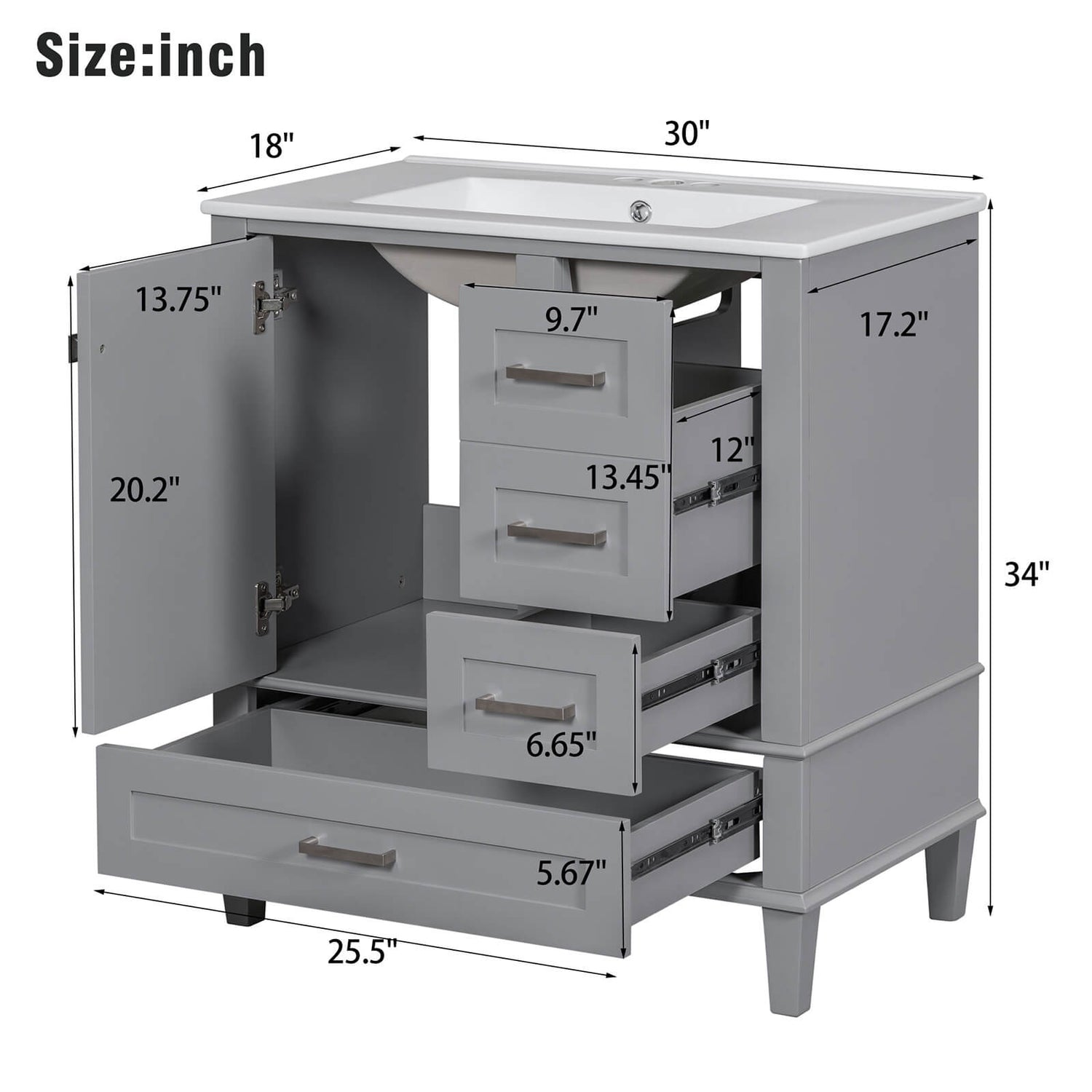 Overall dimensions outline drawing of 30 inch grey solid wood bathroom vanity with countertop