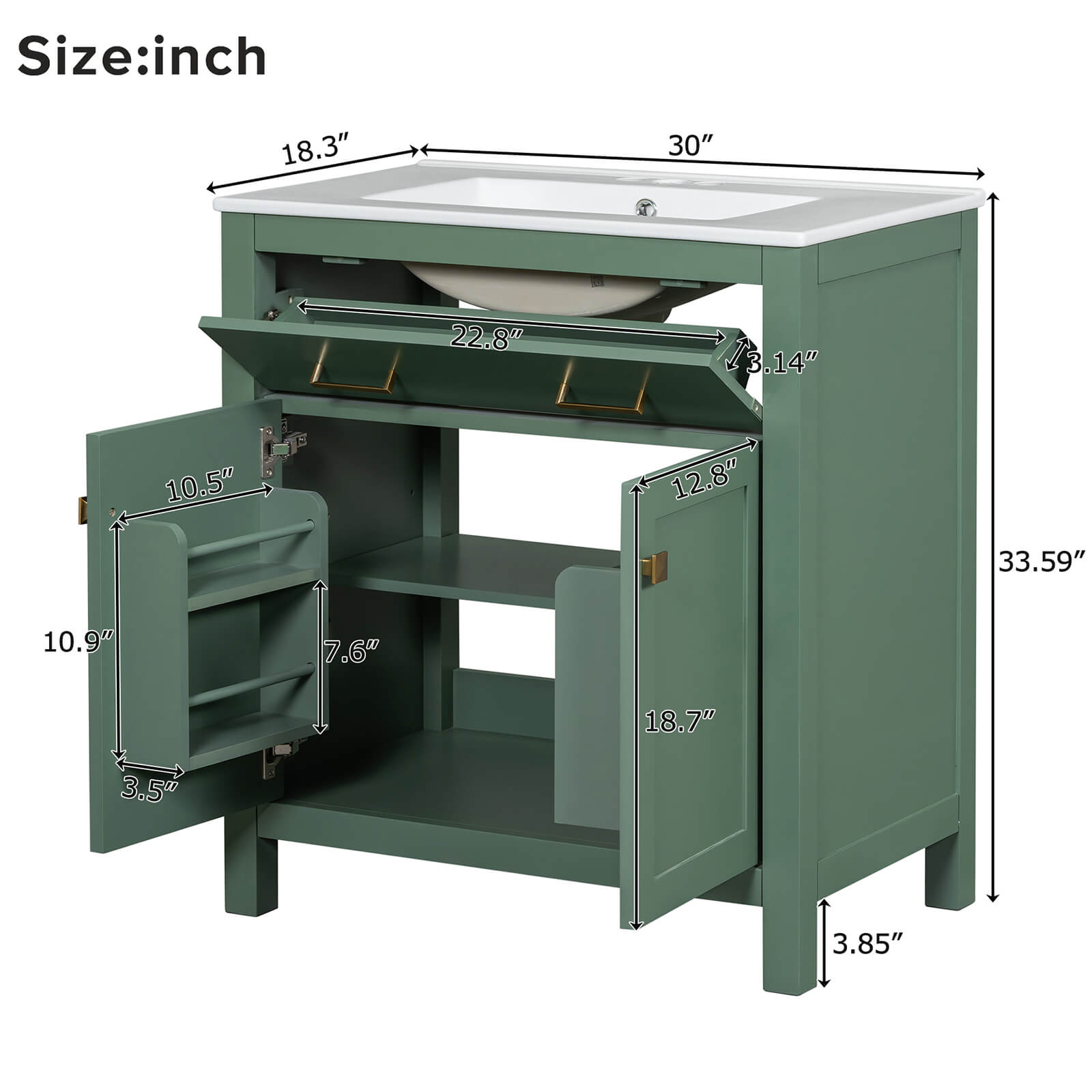 Overall dimensions outline drawing of 30 inch sage green bathroom vanity with undermount single sink