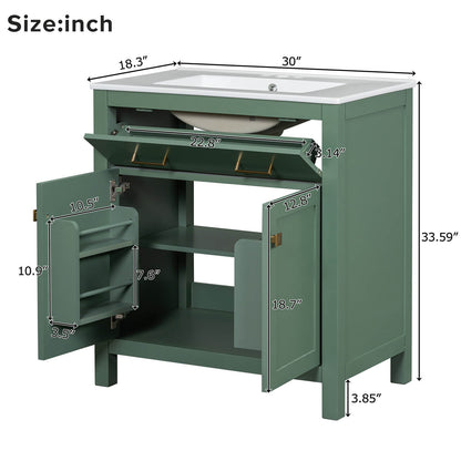 Overall dimensions outline drawing of 30 inch sage green bathroom vanity with undermount single sink