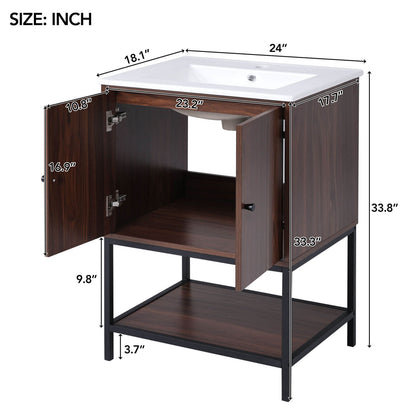 Overall dimensions outline drawing of a 24 inch walnut freestanding bathroom vanity with open shelves