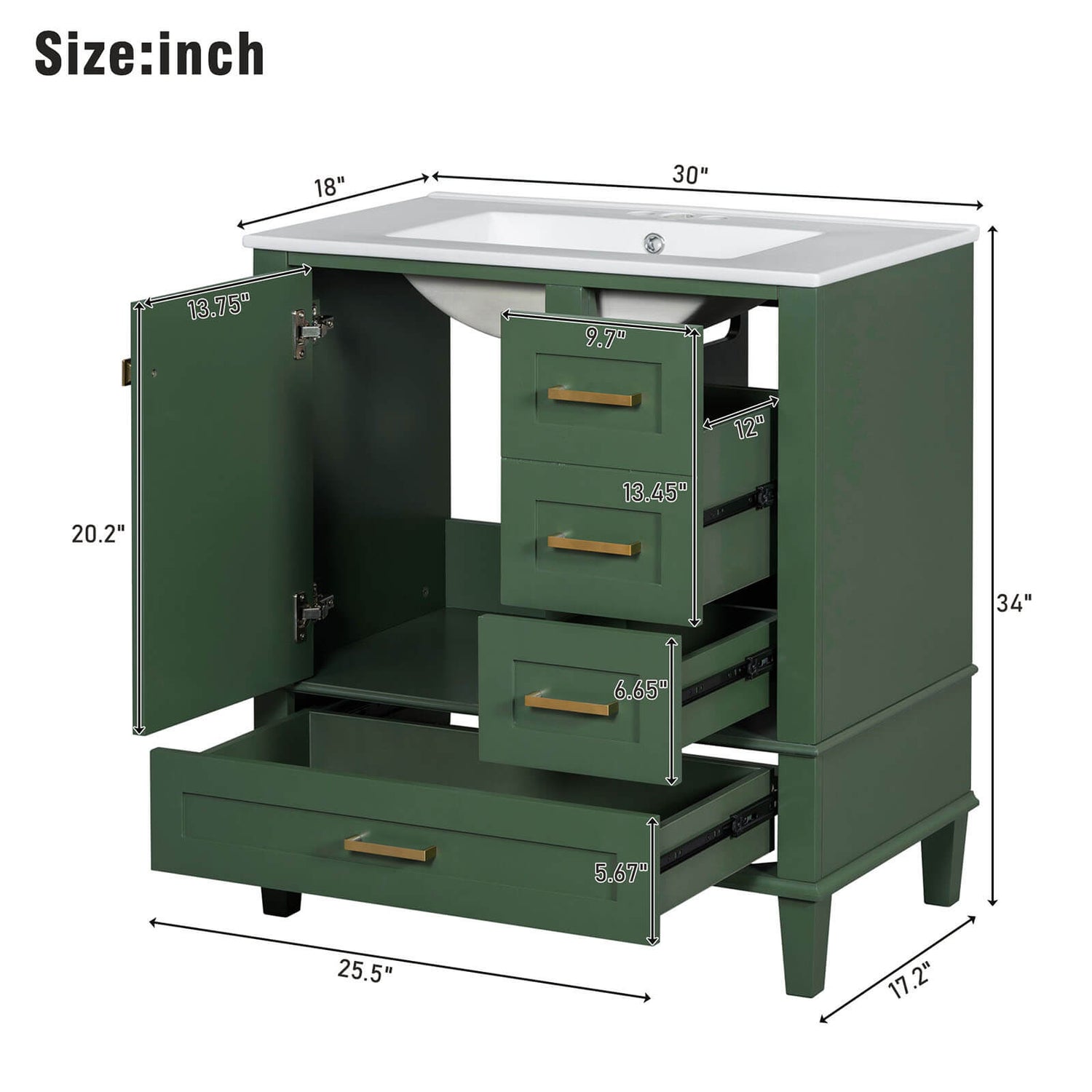 Overall dimensions outline of 30 inch dark green solid wood bathroom vanity with countertop