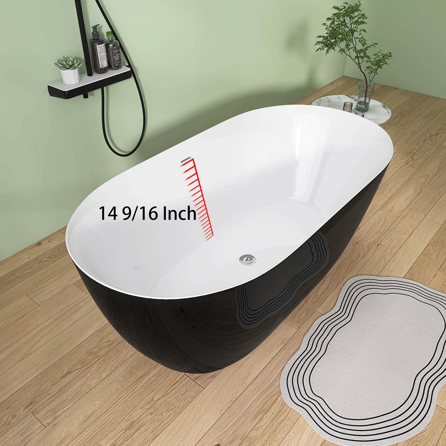 Overflow location for the glossy black 59 inch anti clog classic oval acrylic bathtub