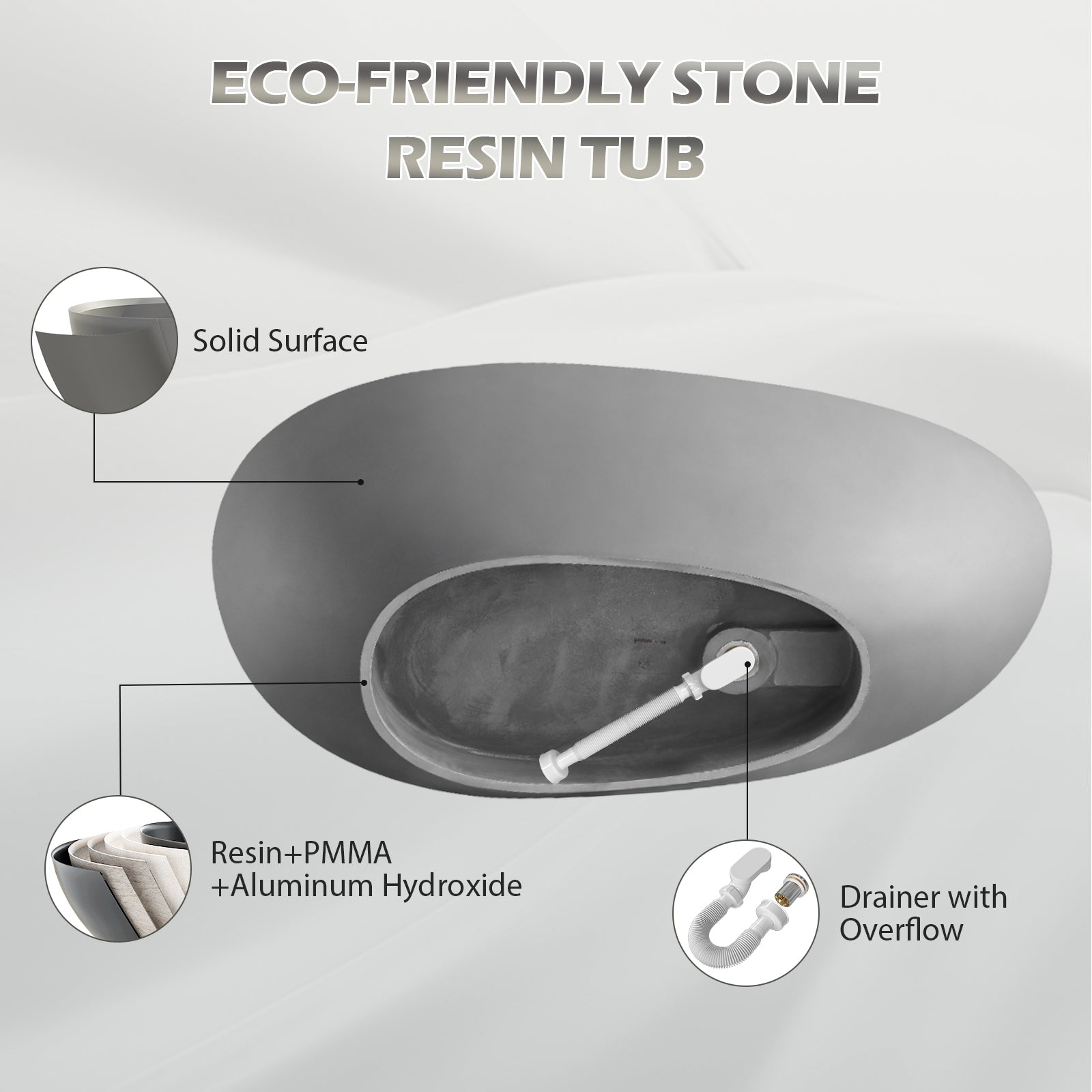 67'' Solid Surface Stone Resin Modern Egg Shaped Freestanding Soaking Bathtub with Overflow