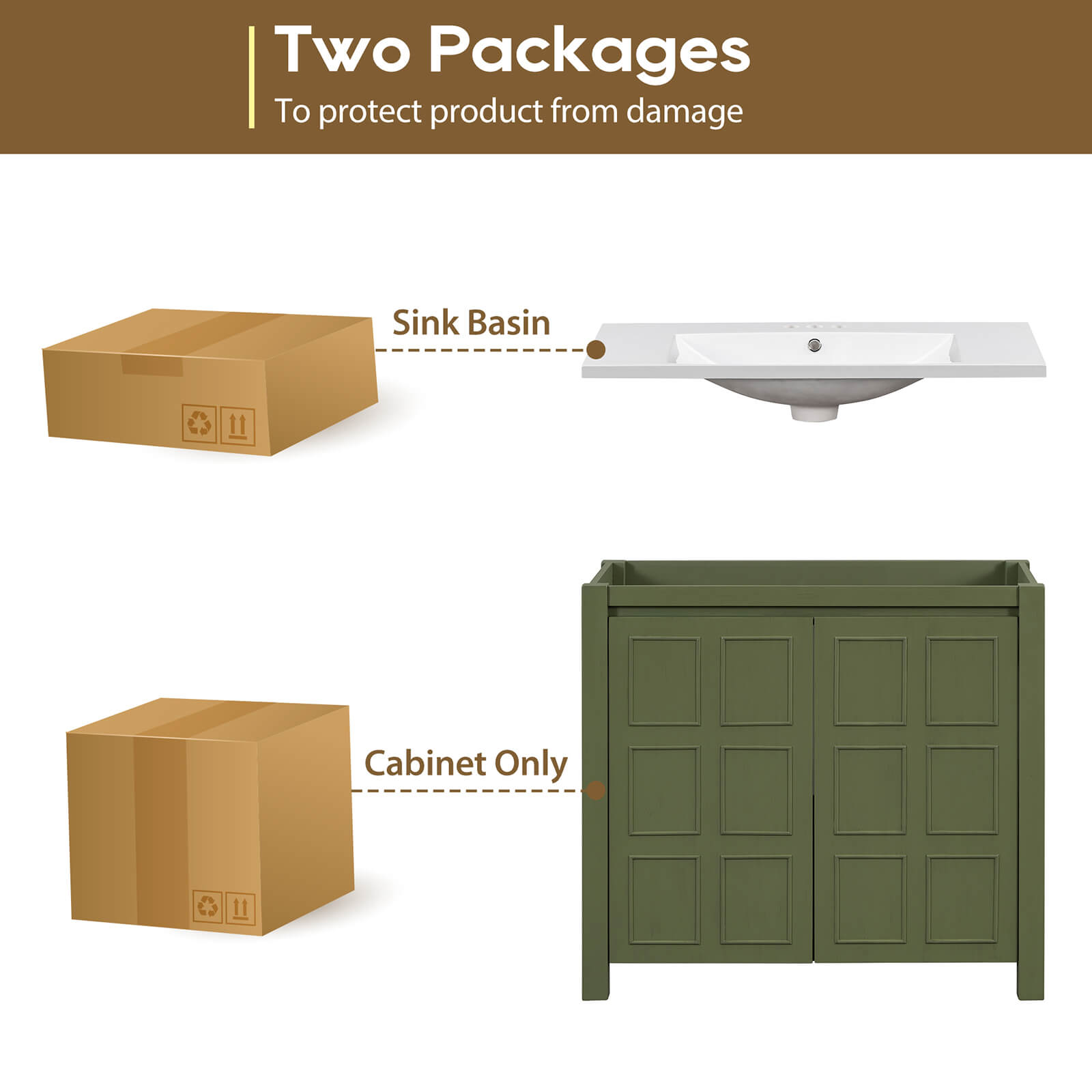 Package Diagram for 36 inch Olive Green Bathroom Vanity with Grid Patterned Doors