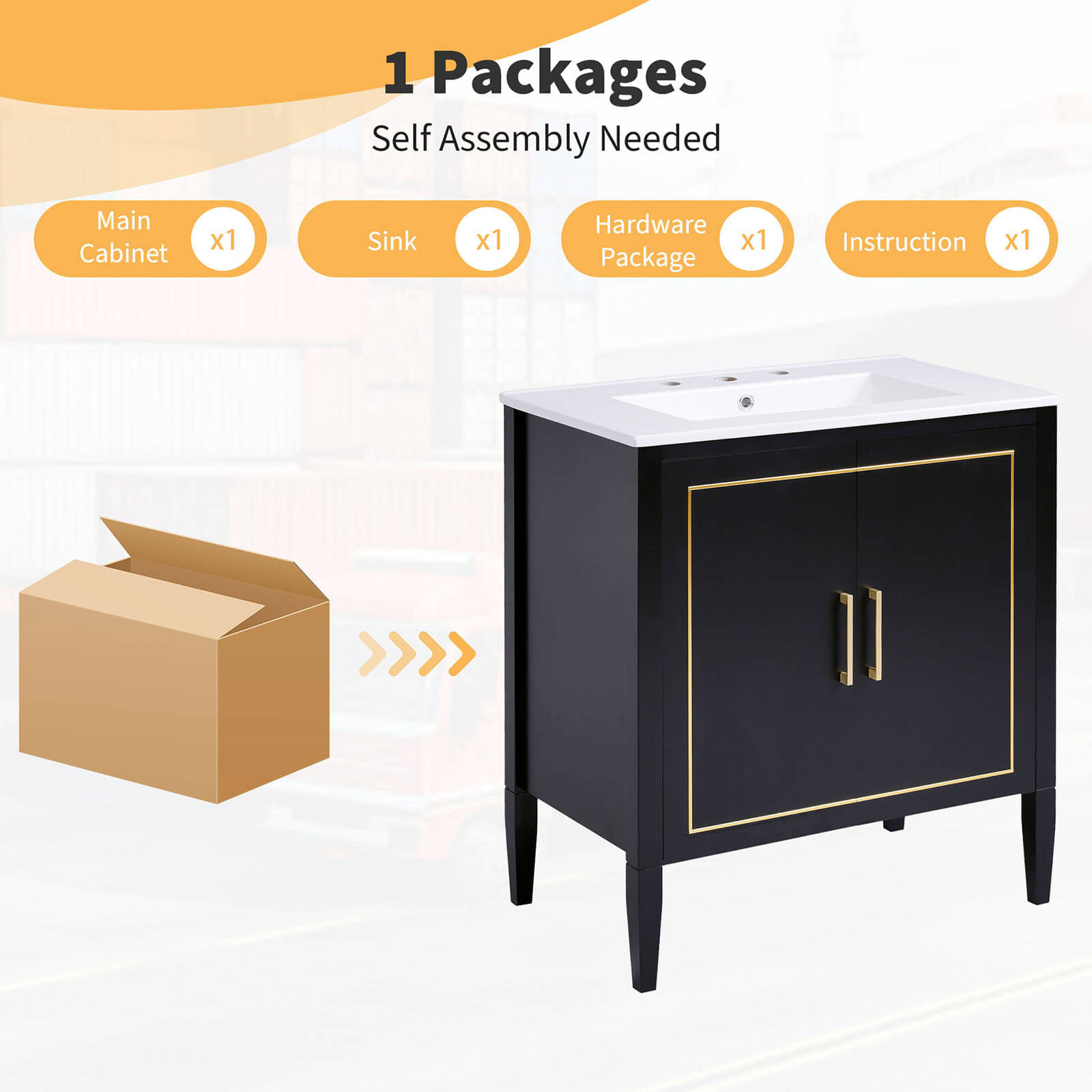 Package Diagram of 30 inch Bathroom Vanity with Built in Hidden Drawers