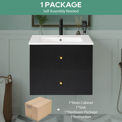 Package image of 24 black wall mounted vanity with single hole ceramic sink