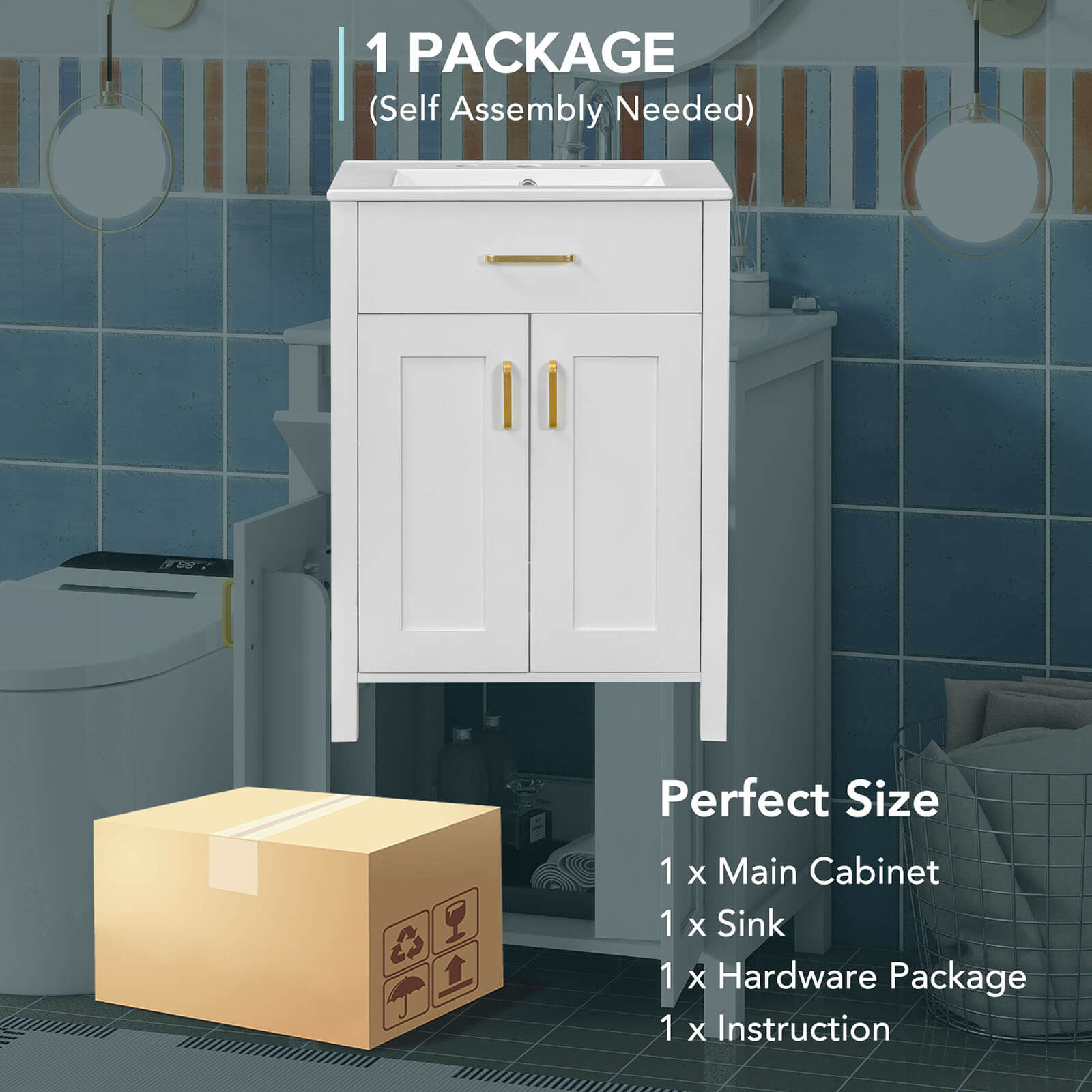 Package image of 24 in white dresser with built in shelves inside door