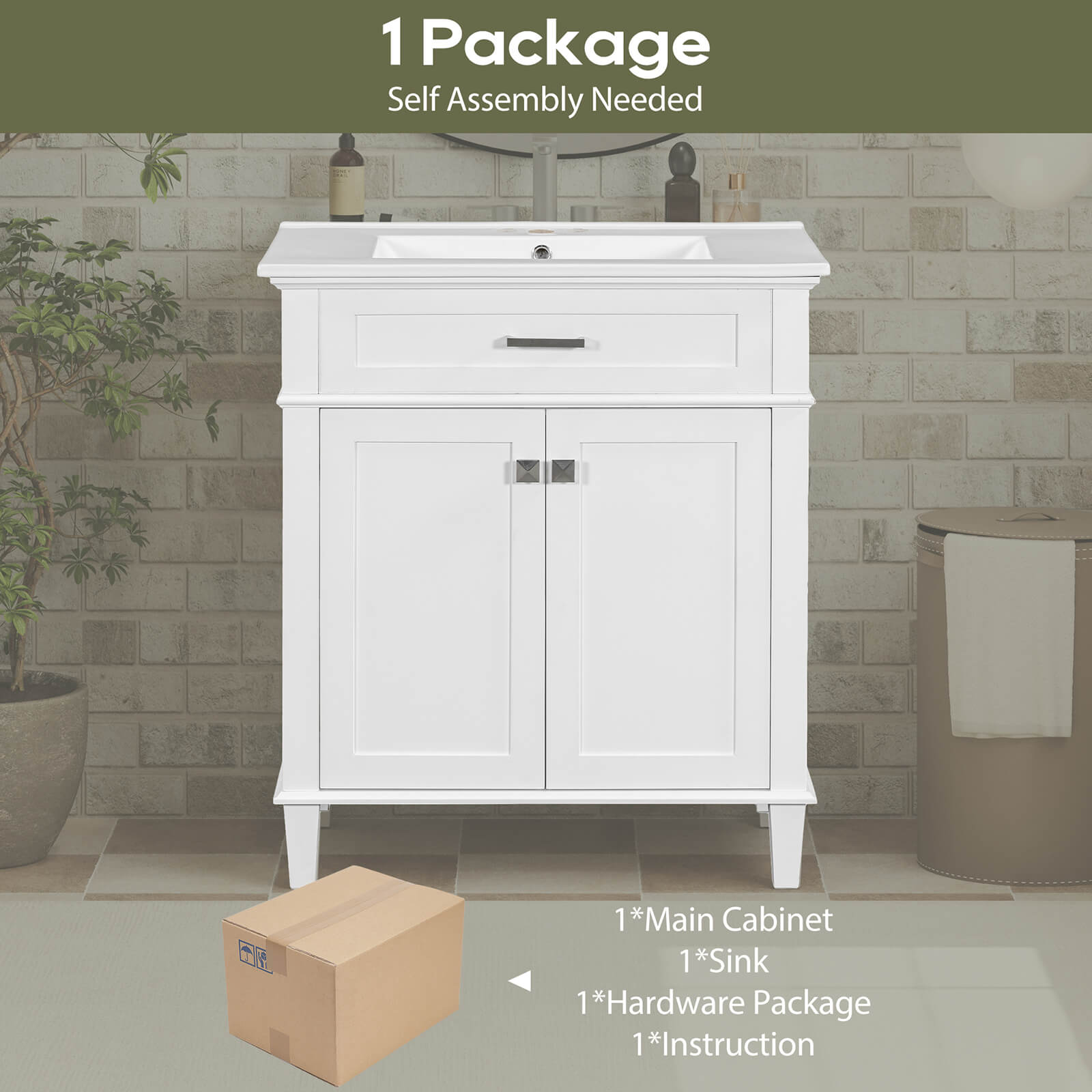 Package image of 30 white bathroom vanity with undermount ceramic sink