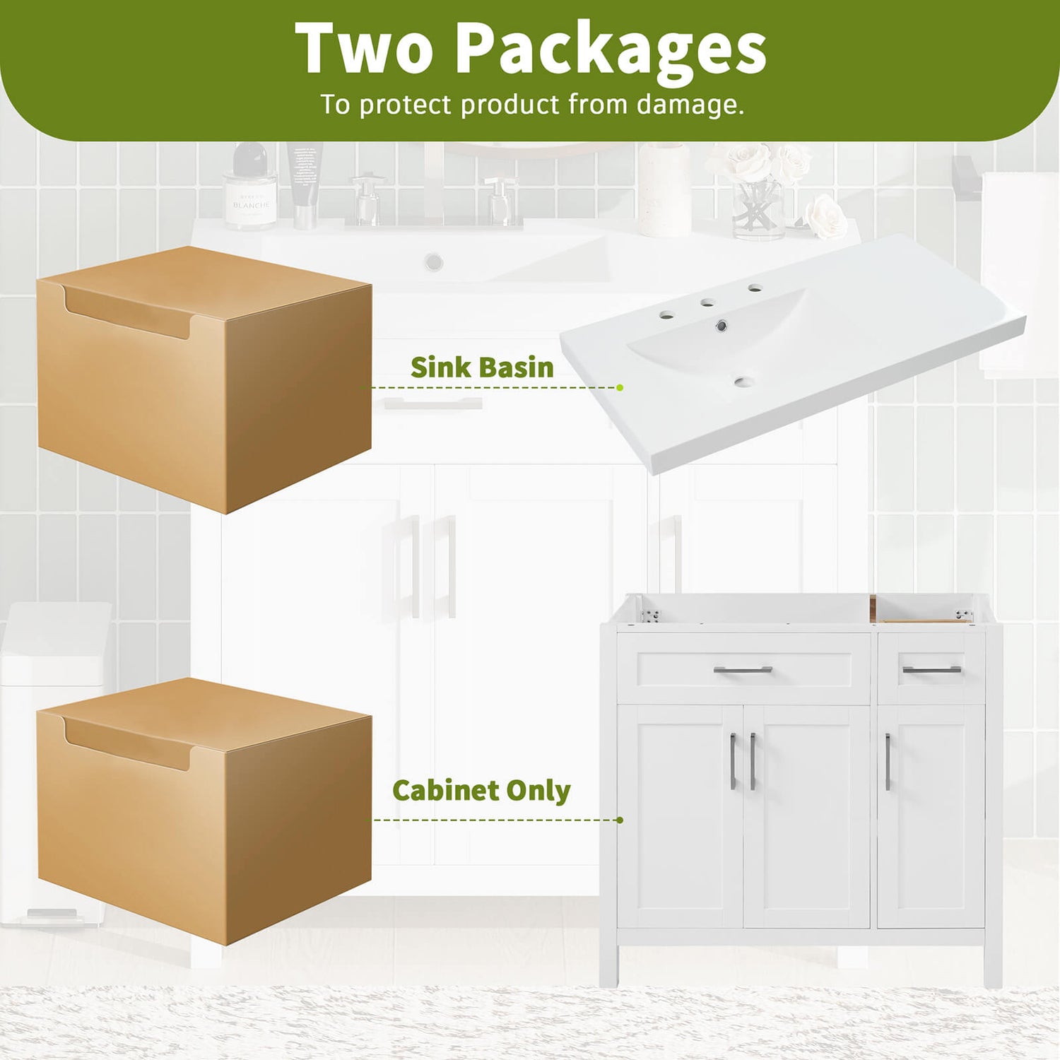 Package image of 36 white bathroom vanity with left offset sink