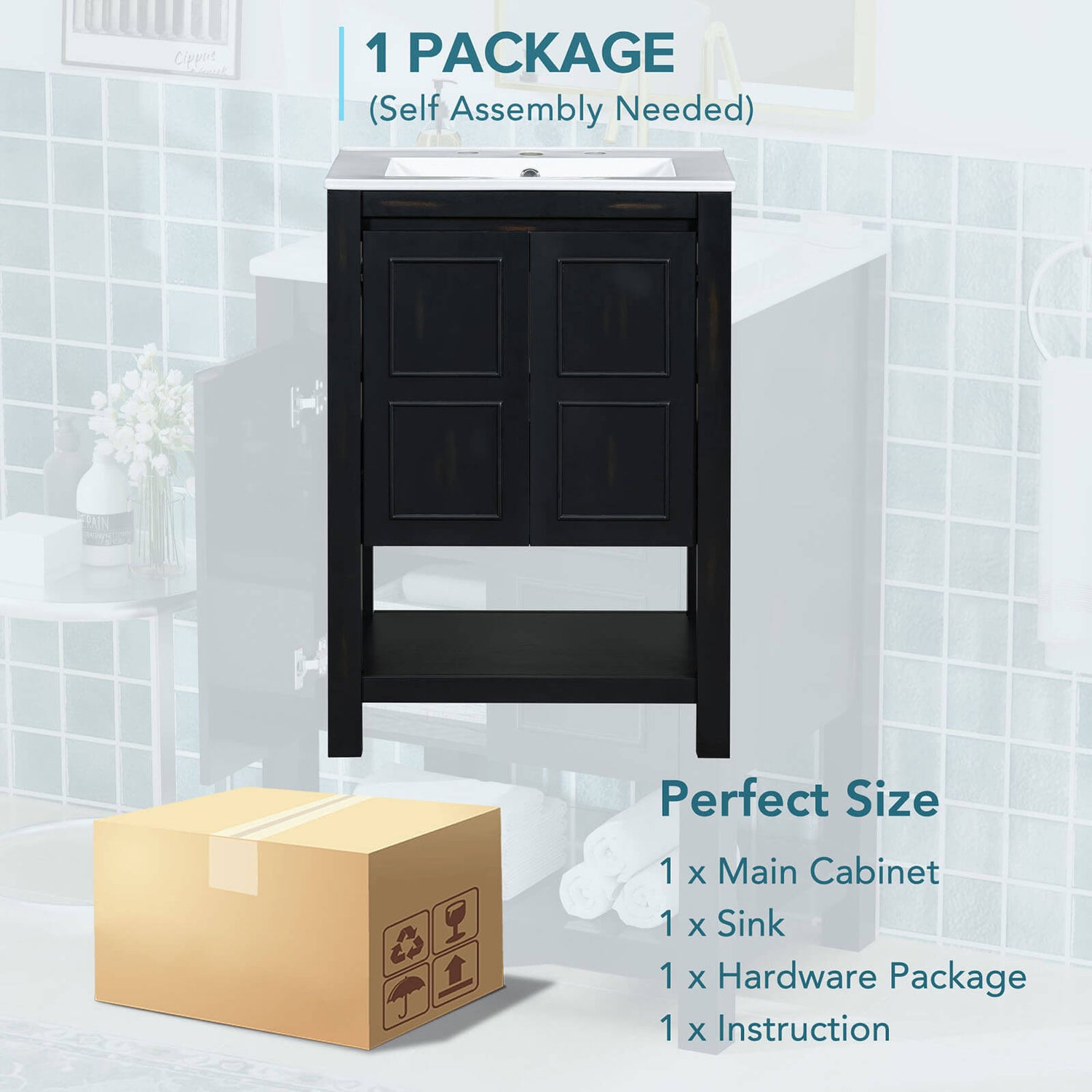 Package Diagram for 24 inch Traditional Freestanding Bathroom Vanity with Open Shelves