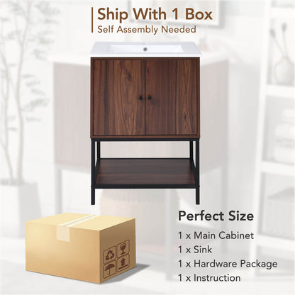 Package Diagram for 24 inch Walnut Freestanding Bathroom Vanity with Open Shelves