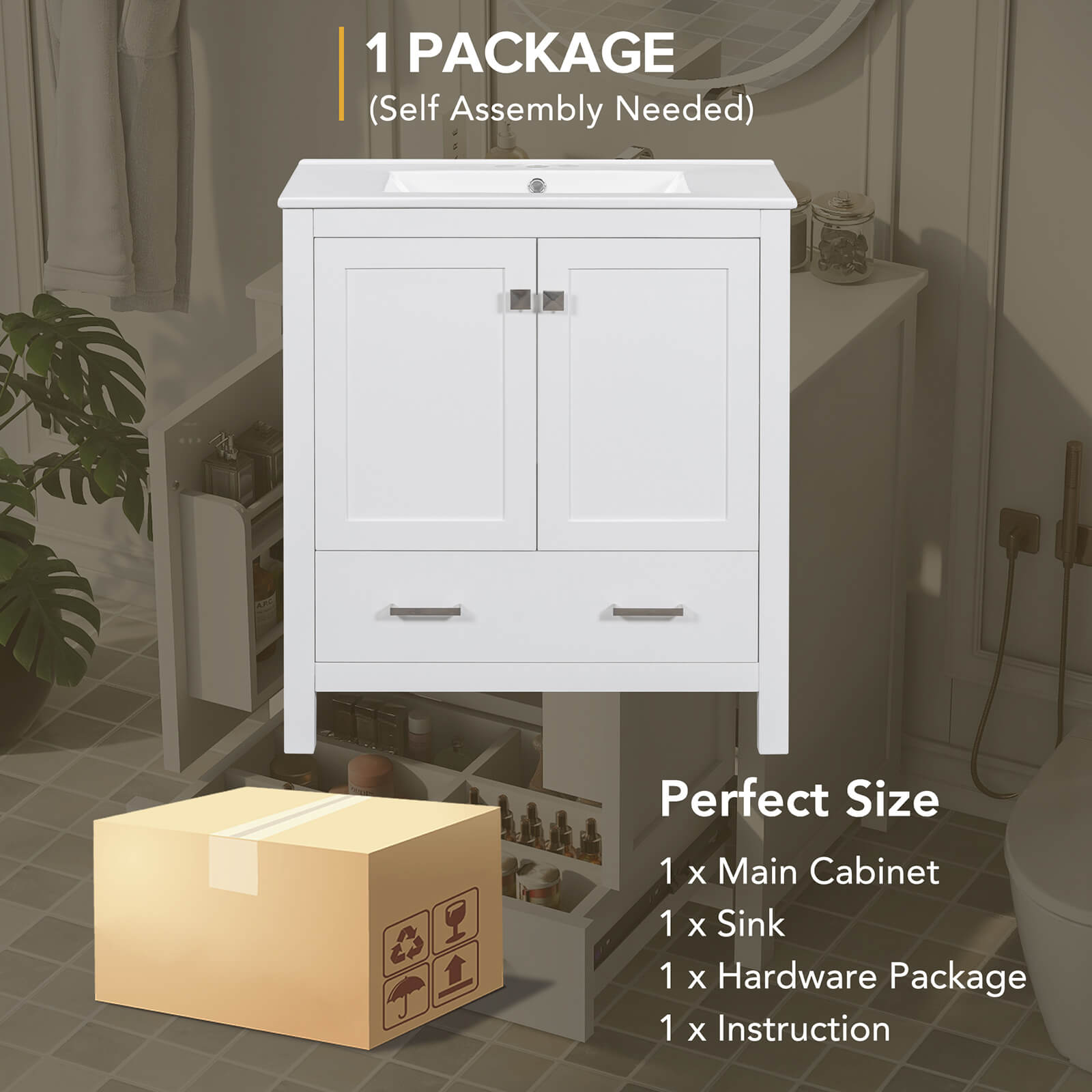 Package Display of 30 Inch White Bathroom Vanity with Built-in Shelves