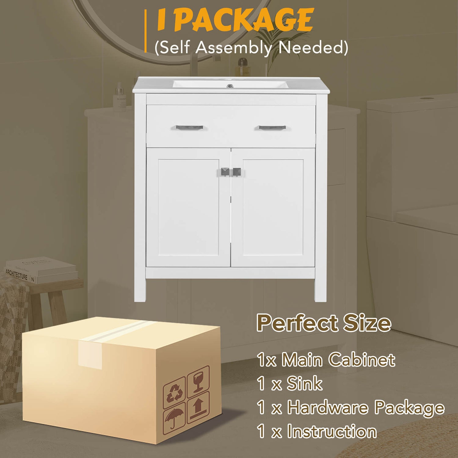 Package details of 30 inch white bathroom vanity with undermount single sink