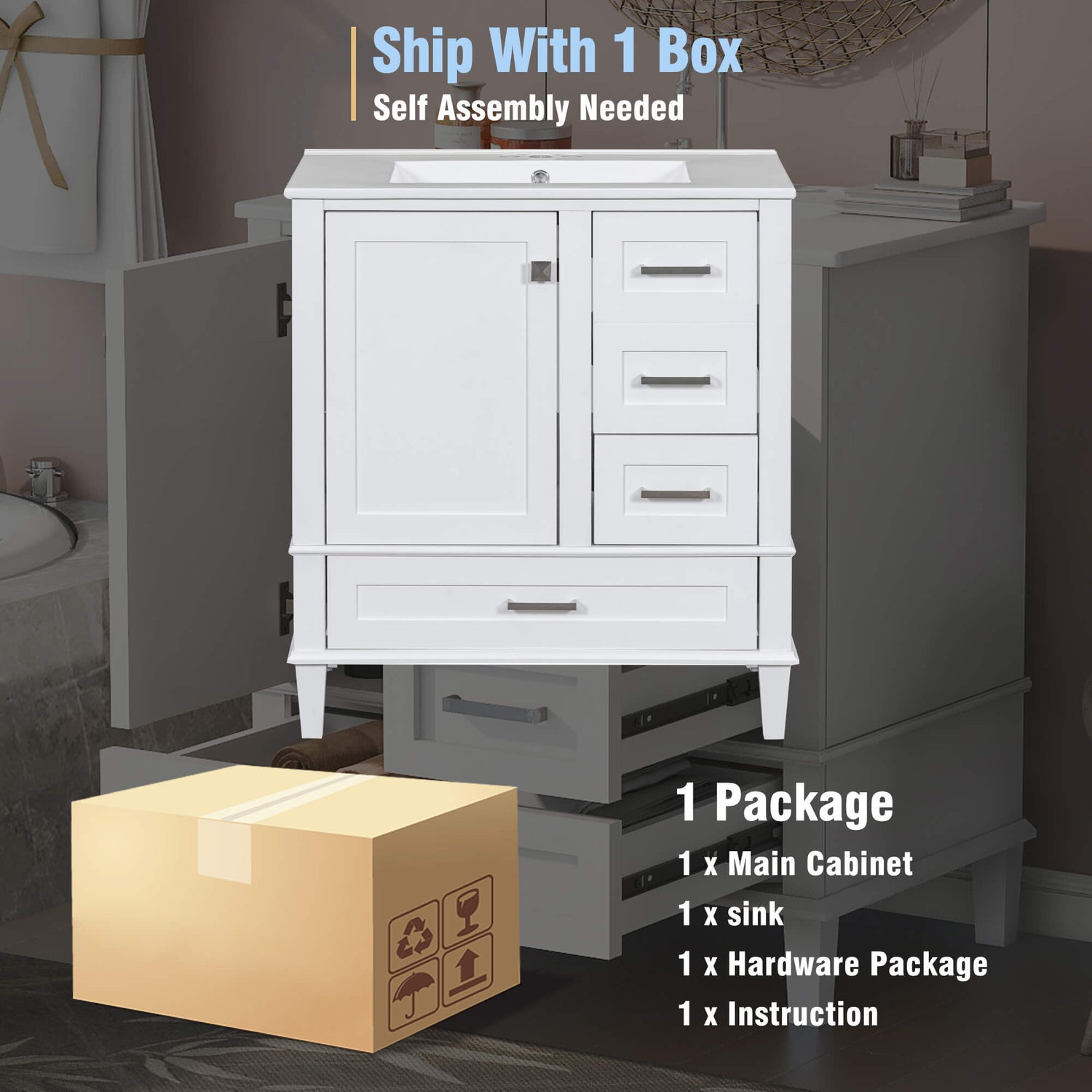 Package details of 30 inch white solid wood bathroom vanity with countertop