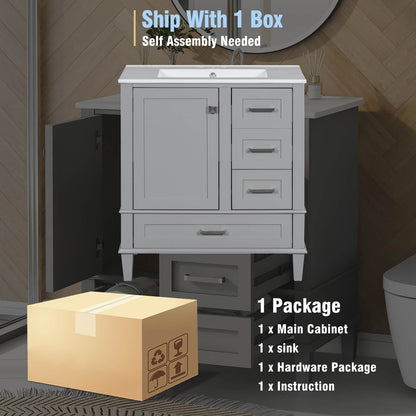 Package diagram of 30 inch grey solid wood bathroom vanity with countertop