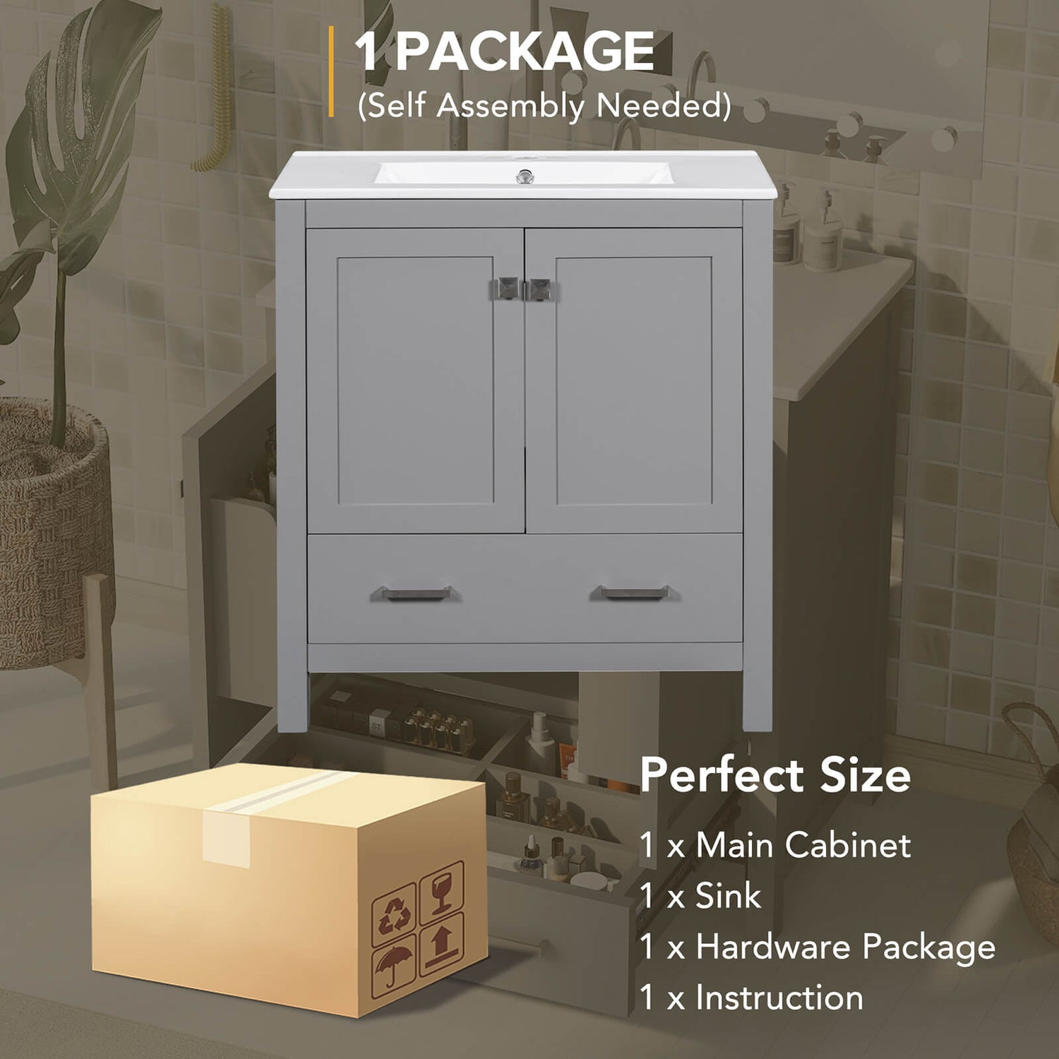 Package for 30 Inch Gray Bathroom Vanity with Built-in Shelves