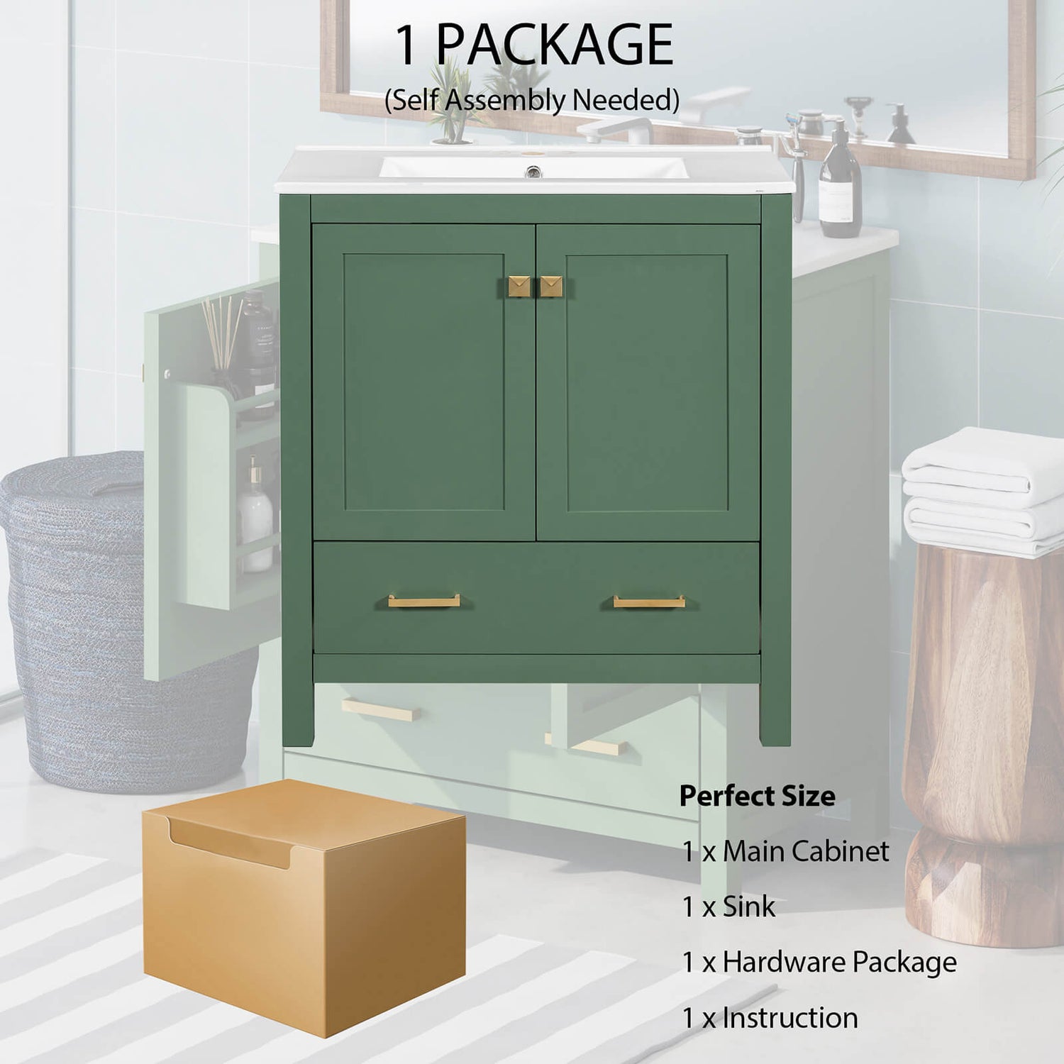 Package for 30 Inch Green Bathroom Vanity with Built-in Shelves