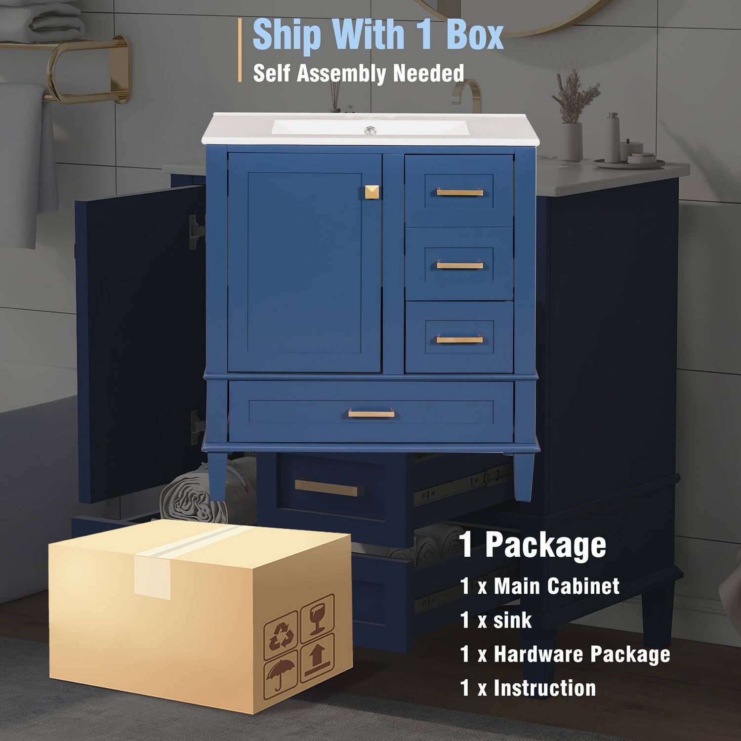 Package with countertop 30 inches navy blue solid wood bathroom vanity