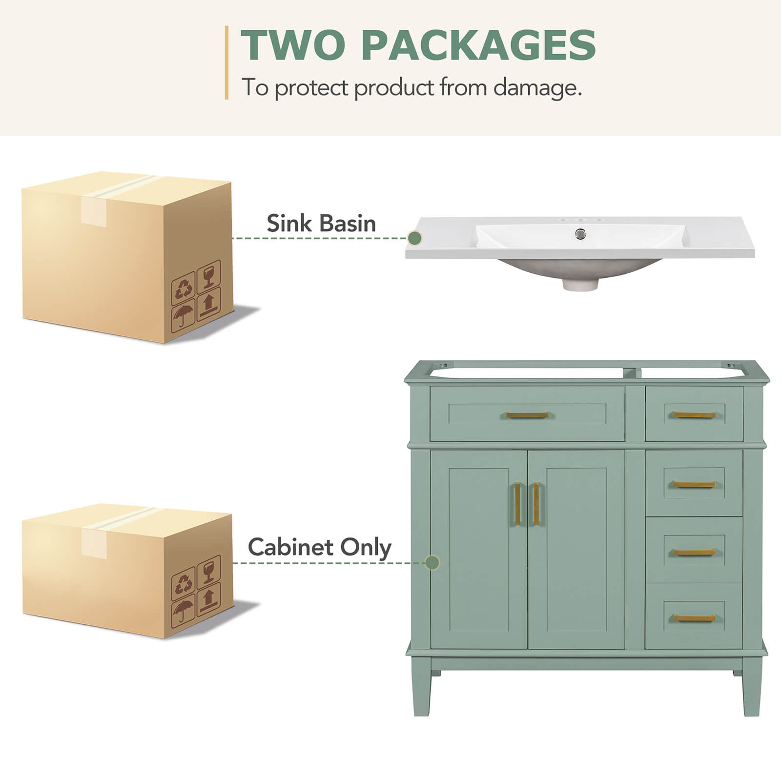 Packaged Package 36 Inch Mint Green Solid Wood Bathroom Vanity with Resin Sink