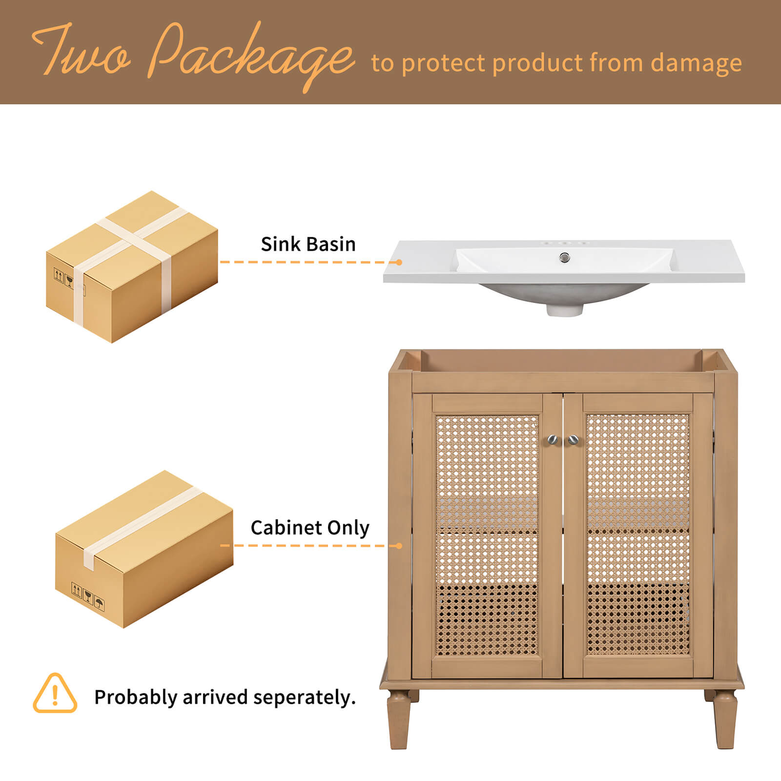 Packaging Instructions for 30 Inch Freestanding Bathroom Vanity with Rattan Door