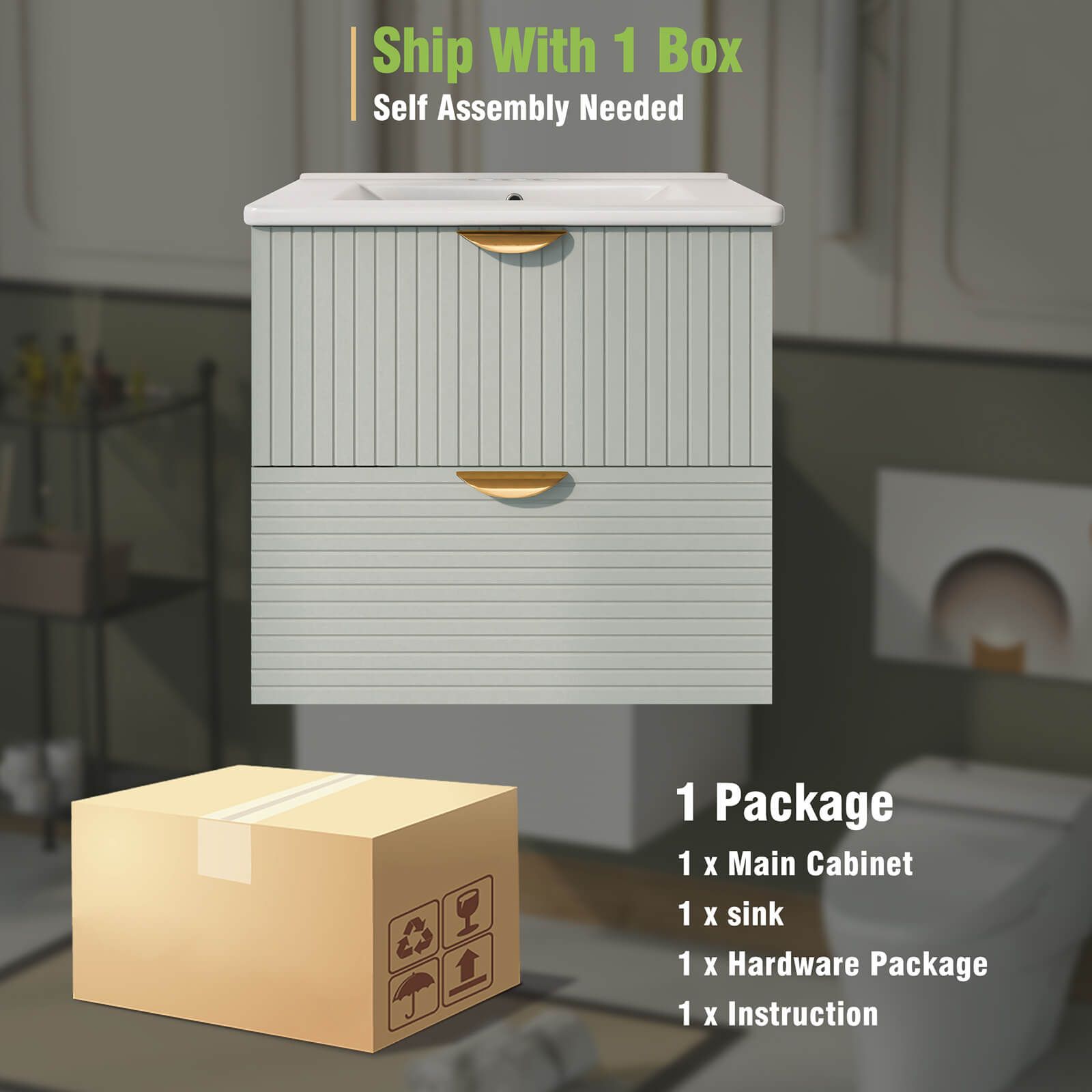 Packaging Diagram of Floating Bathroom Vanity with Sink 24 Inch Sage Green