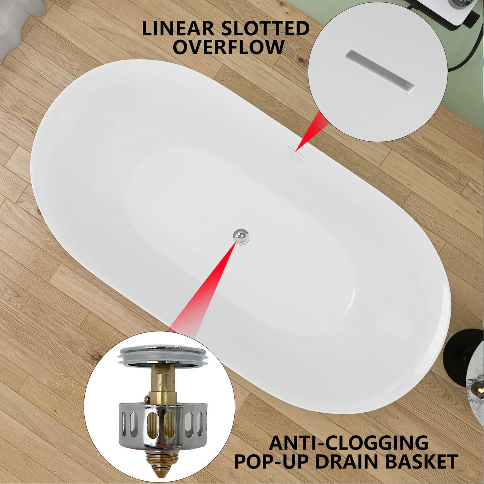 Pop up drain and overflow for gloss black 59 inch anti clog classic oval acrylic bathtub