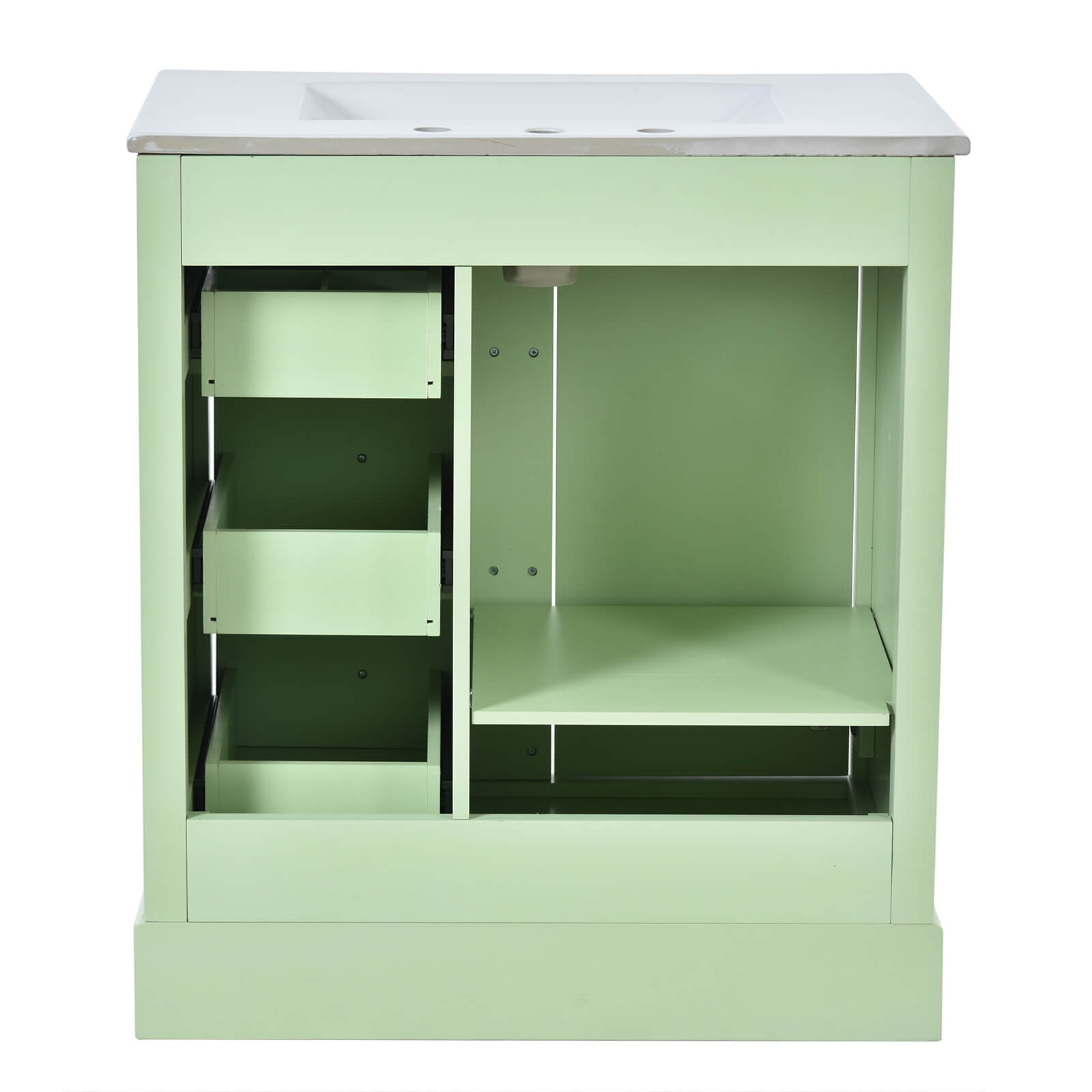 Practical 30 inch green vanity with soft close drawers for organized storage