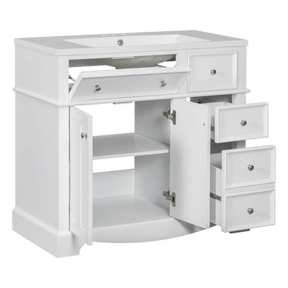 Practical 36 in white vanity with customizable interior shelves for organized storage