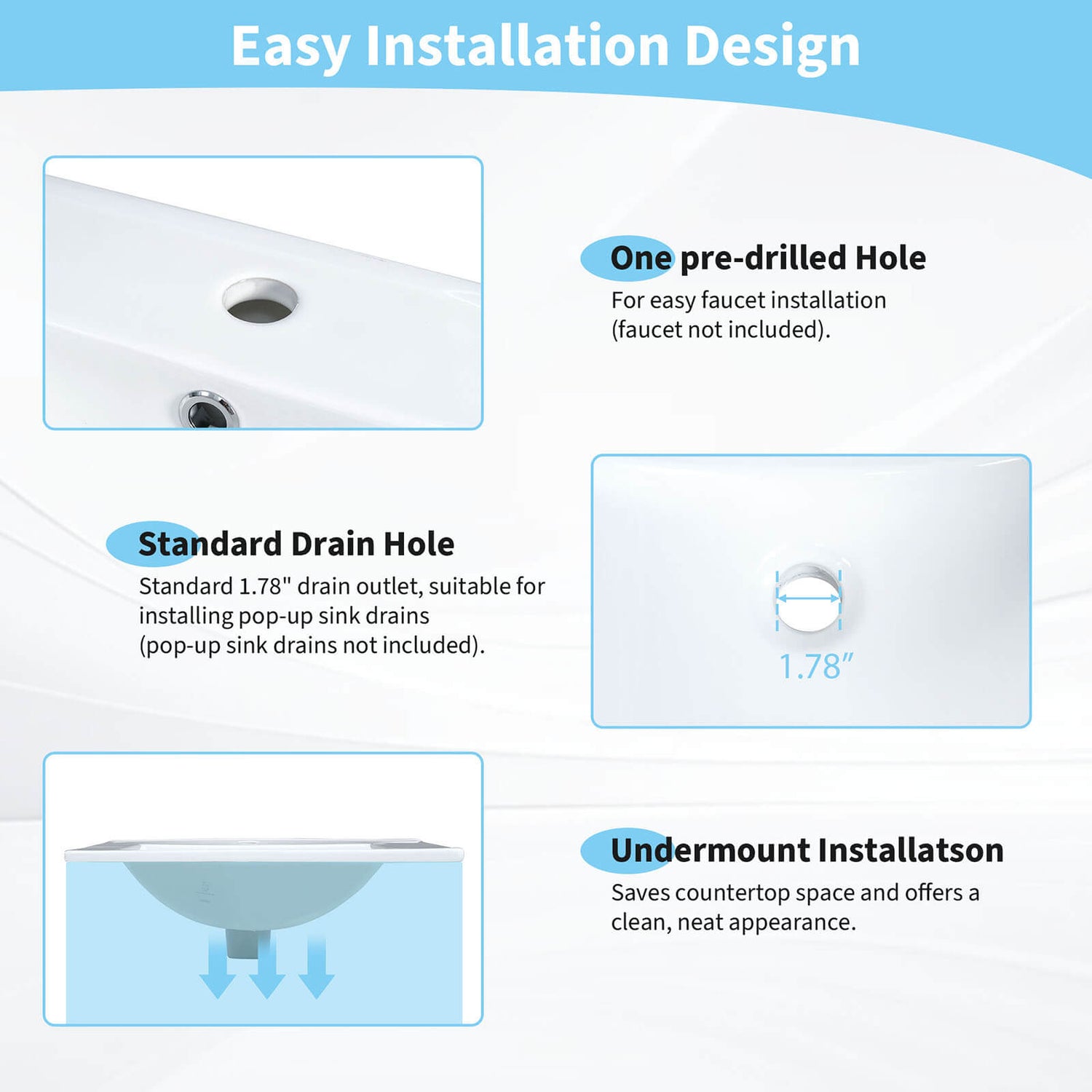 Pre installed holes for 24 x 18 single sink ceramic vanity top