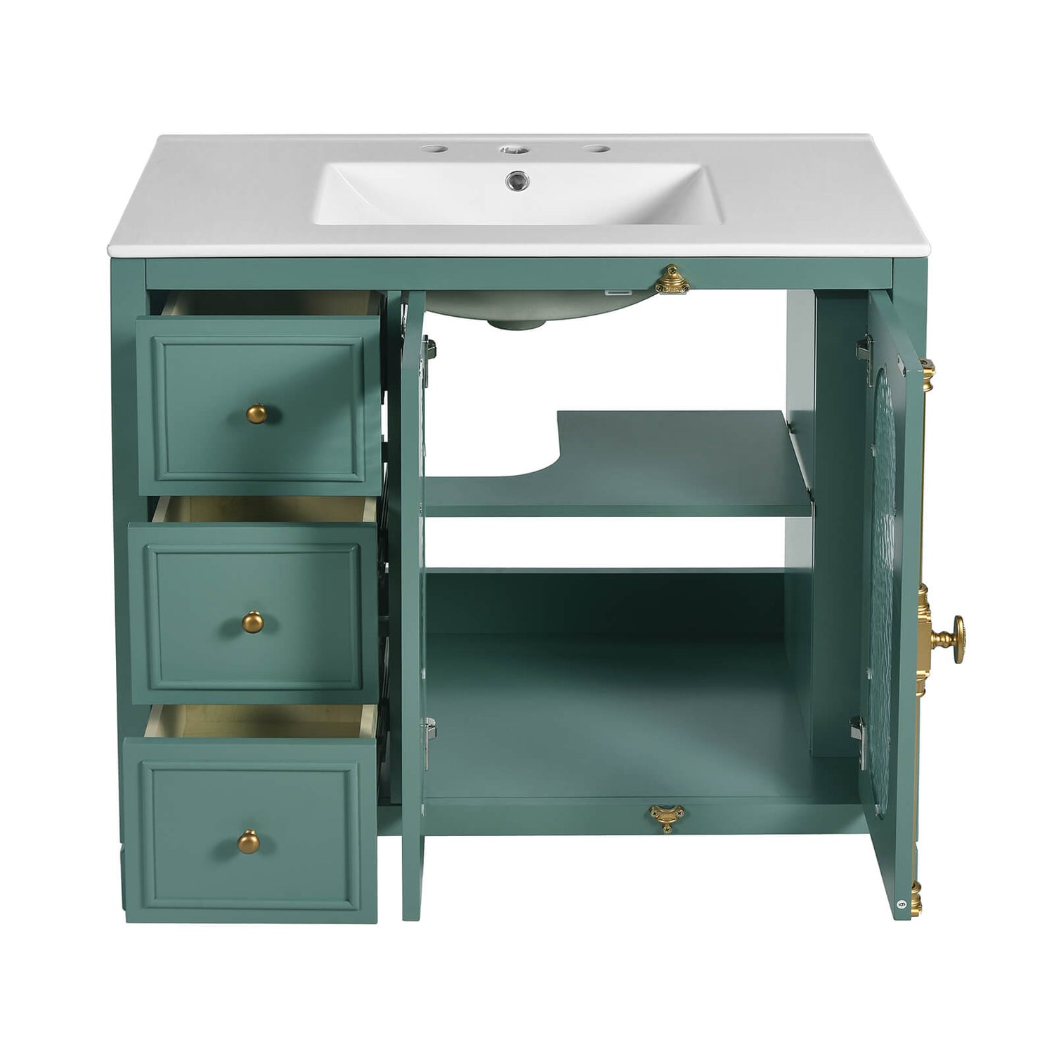 Premium 36 IN Green Bathroom Vanity with Gold Accents and Water Wave Glass Doors