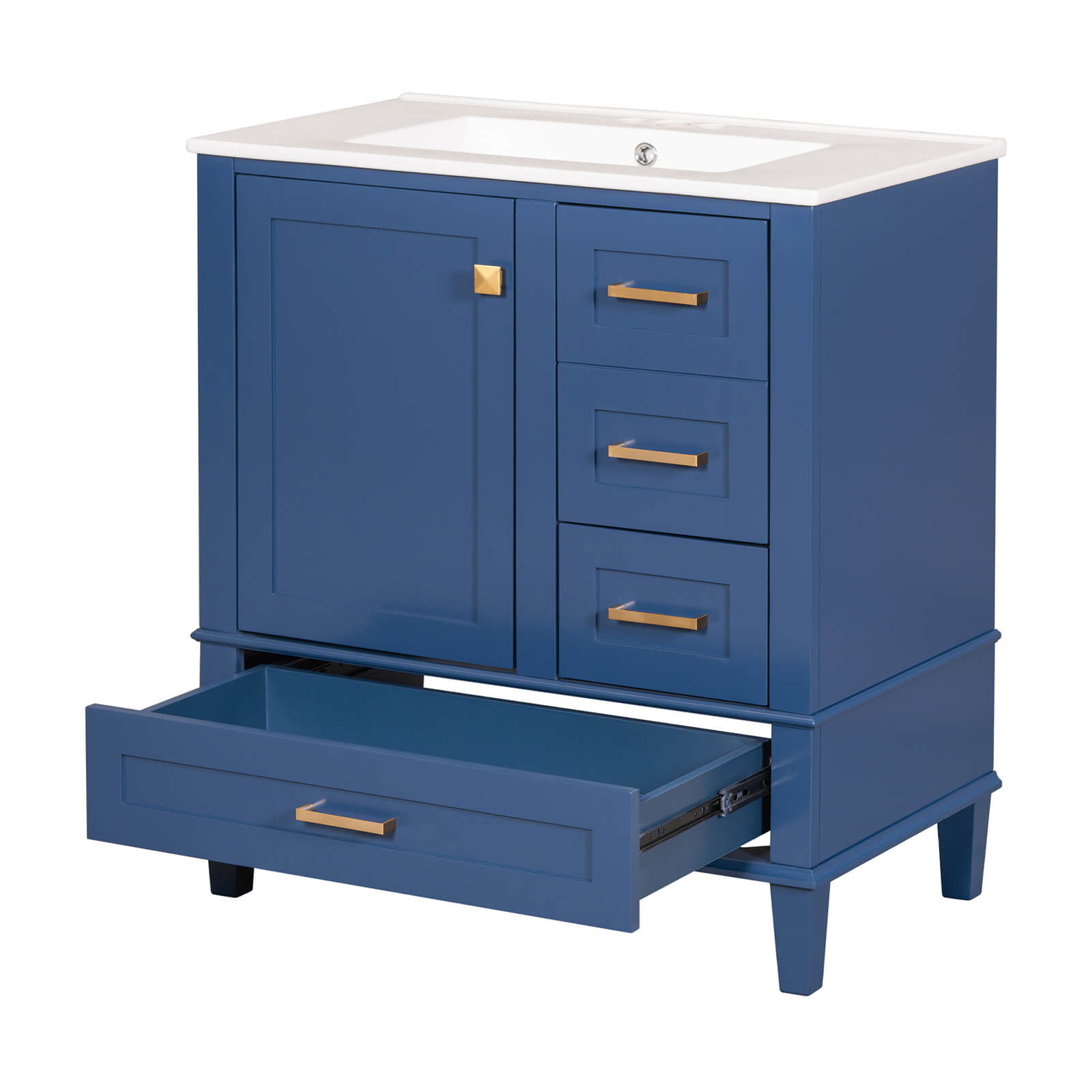 Premium navy blue vanity with gold accents and white top