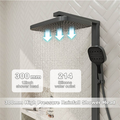 12&quot; Thermostatic Shower System with Piano Key Digital Display Ambient Lights, Tub Spout, Hand Shower, Bidet Sprayer