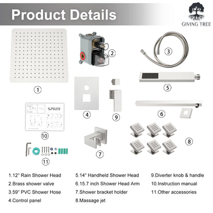 Product Details for Brushed Nickel with 6 Body Sprays for Wall Mounted Single Handle Shower System