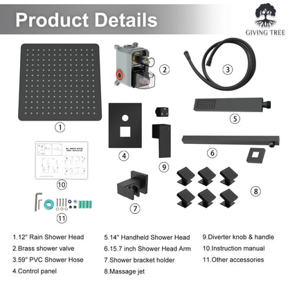 Product details of Matte Black with 6 Body Sprays Wall Mounted Single Handle Shower System